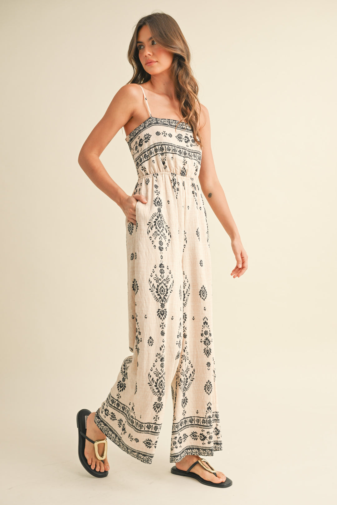Klesis Ethnic Boarder Smocked Jumpsuit