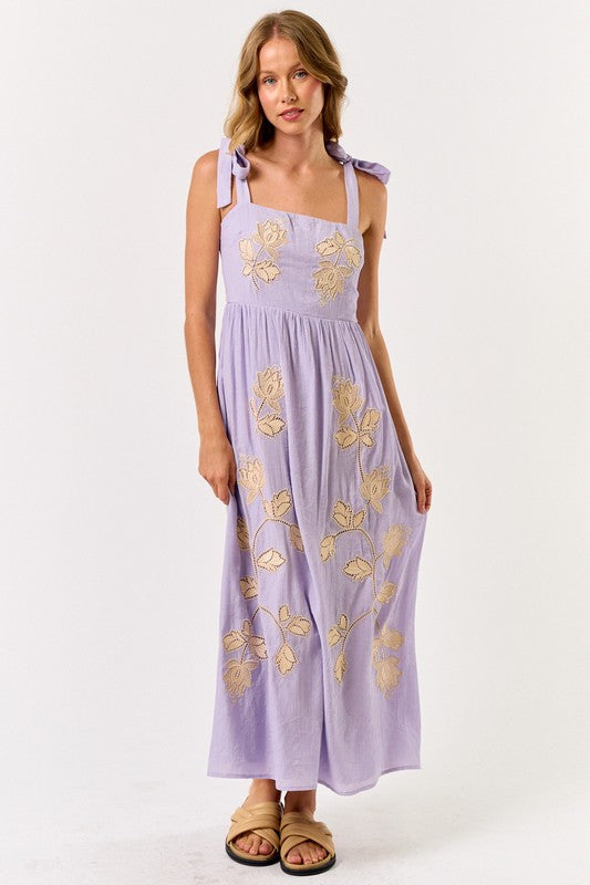 Lalavon Flower Embroidered Maxi Dress Cream/ LG Blue / L