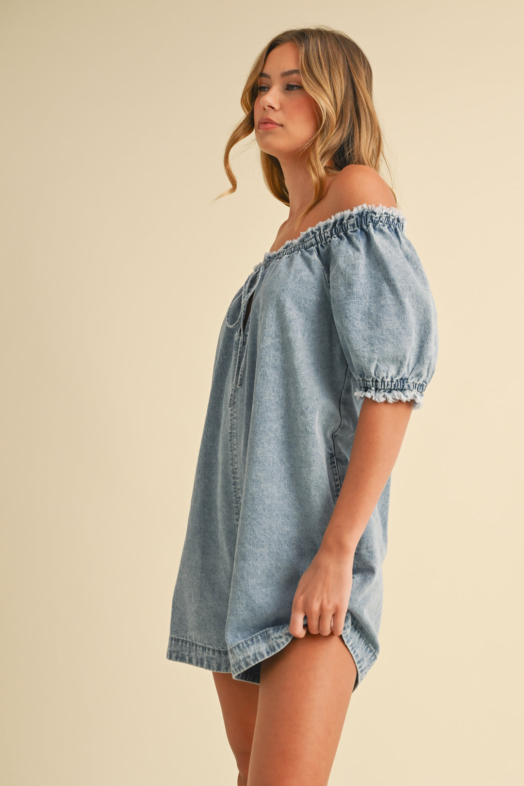 Klesis Denim Puff Sleeve Romper