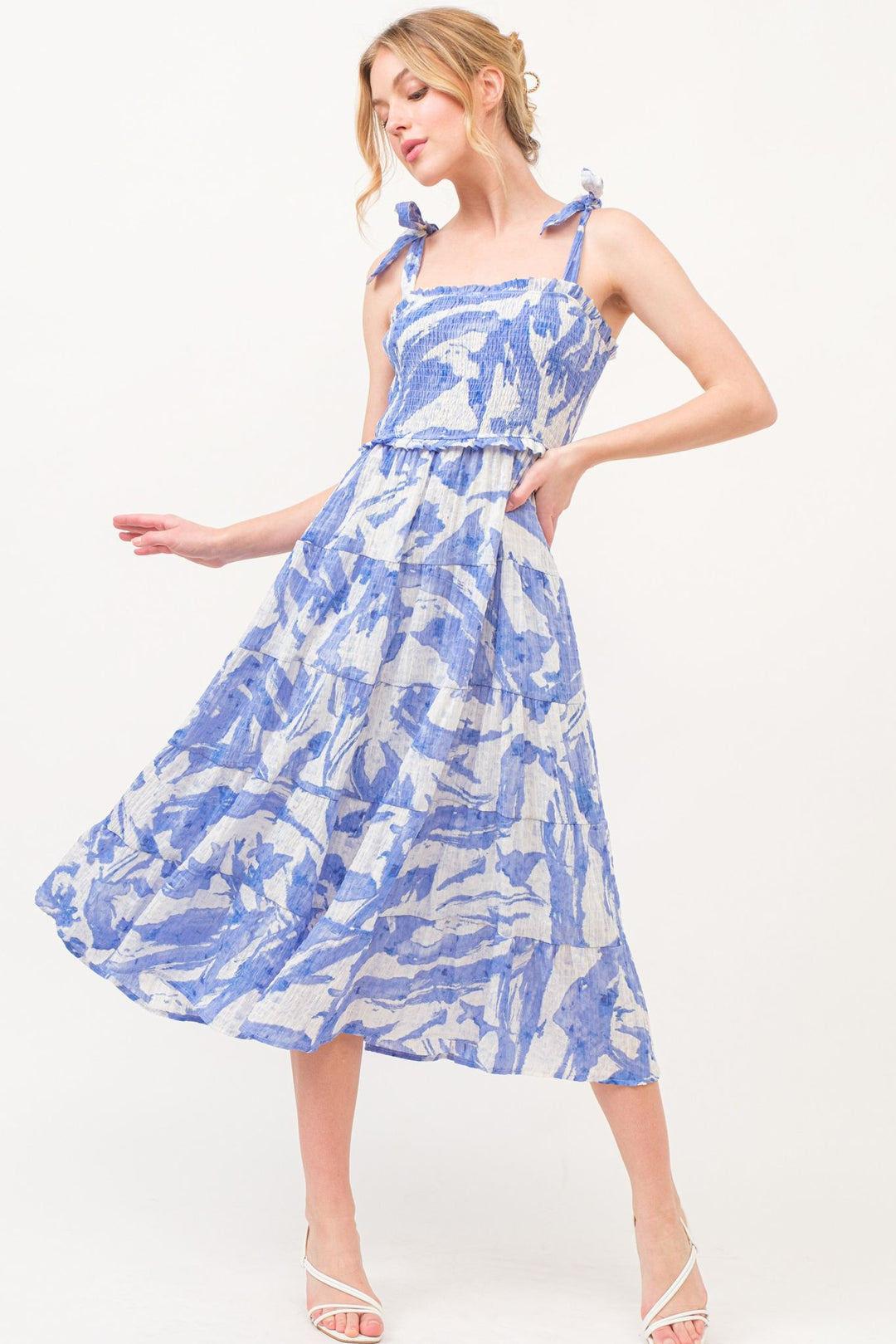 Andthewhy Bow Tied Shoulder Smocked Tiered Abstract Dress