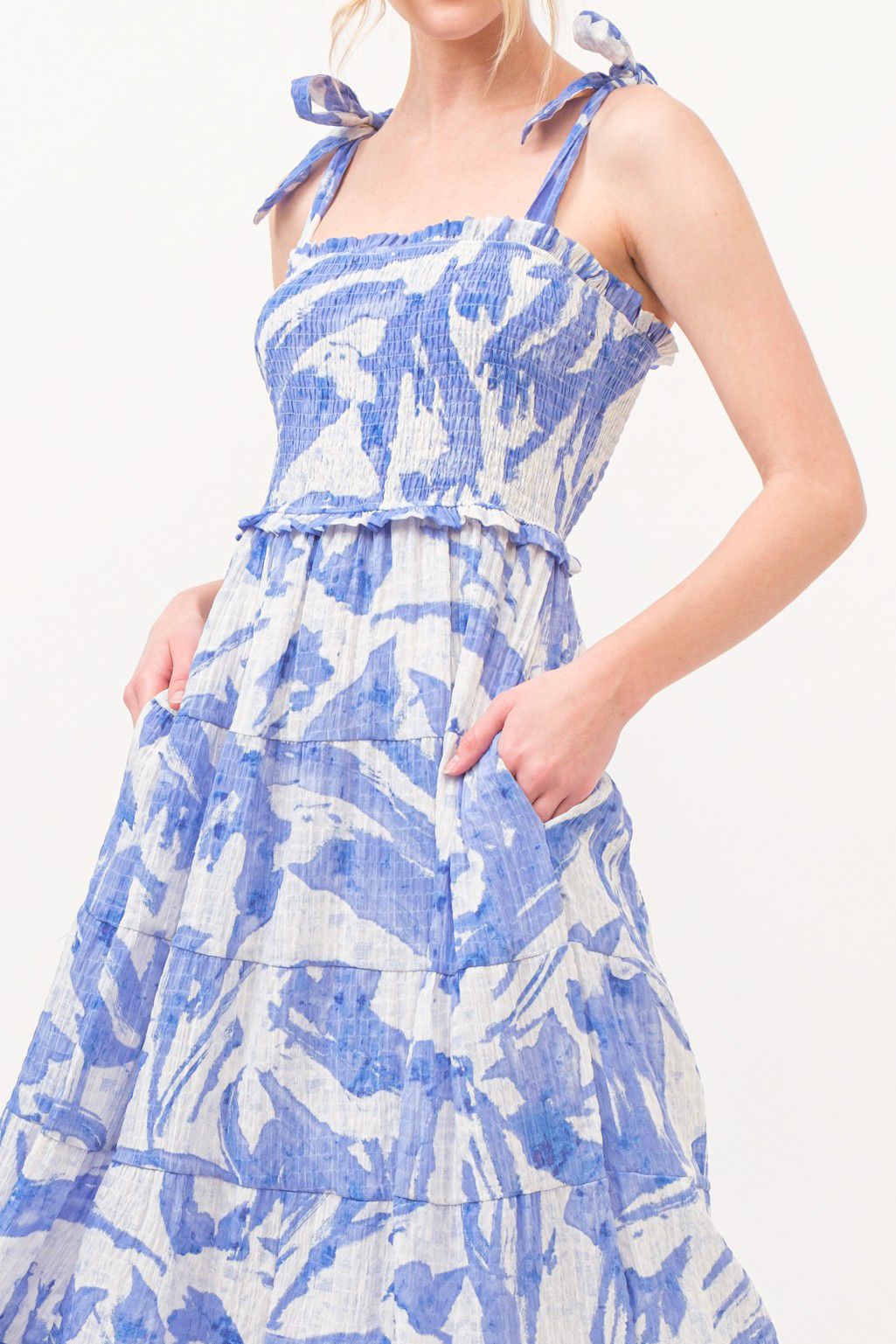 Andthewhy Bow Tied Shoulder Smocked Tiered Abstract Dress