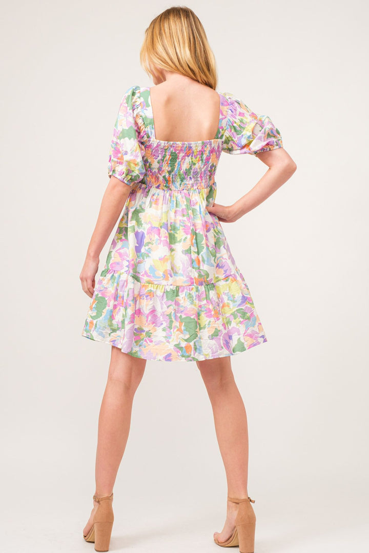 Andthewhy Square Neck Puff Sleeve Tiered Floral Dress
