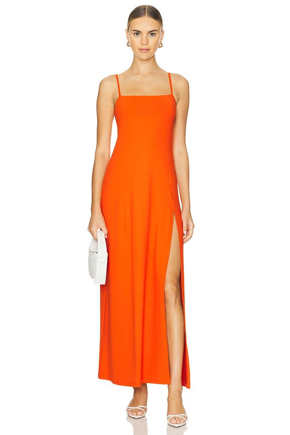 susana monaco orange dress Susana Monaco Wide Strap Flare Slit Dress