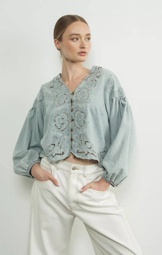 Aaron & Amber Demin Embroidery Volume Sleeve Top