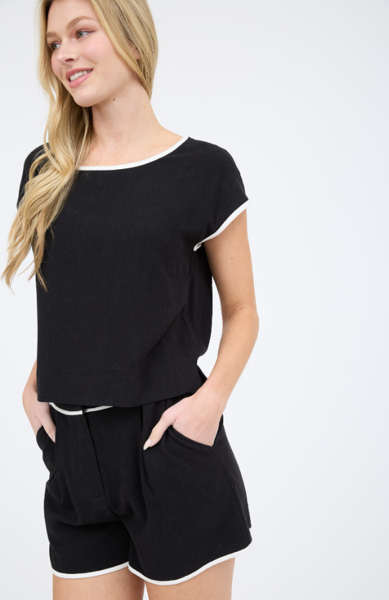 Mine Contrast Trim High Waist Linen Mini Short