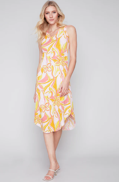 Charlie B Printed Sleeveless V Neck With Shirtail Hem Dress