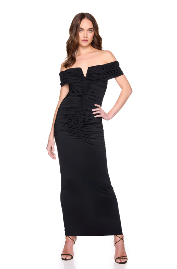 susana monaco off the shoulder dress Susana Monaco V-Wire Gathered Off the Shoulder Dress Black / XS