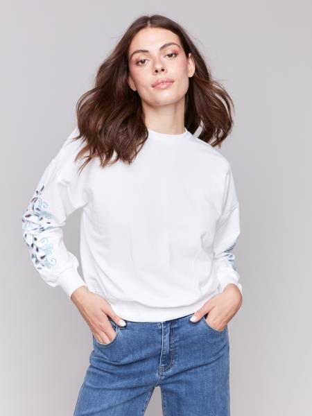 Charlie B French Terry Sweatshirt with Embroidered Sleeves