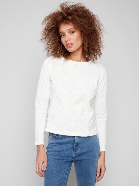 Charlie B Long Sleeve Crew Neck Embroidered Jersey Top