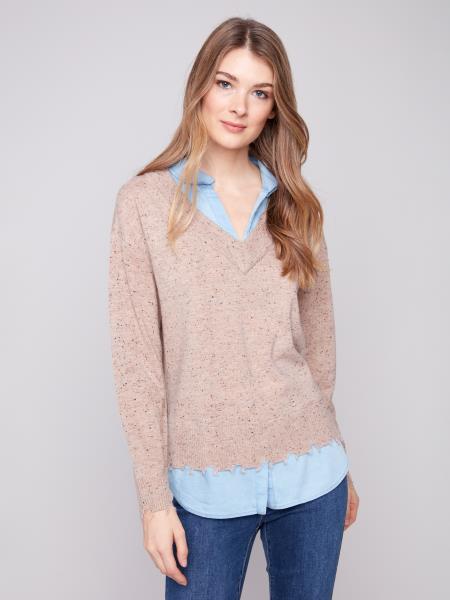 Charlie B V-Neck Fooler Sweater With Shirt Collar