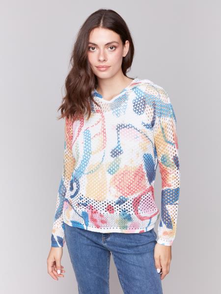 Charlie B Printed Fishnet Crochet Hoodie Sweater