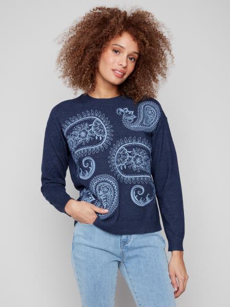 Charlie B Paisley Embroidery Front Crew Neck Sweater