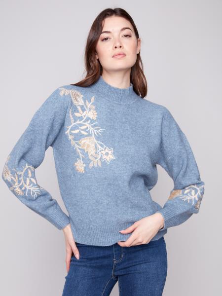 Charlie B Long Sleeve Mock Neck Sweater With Sequin Detail