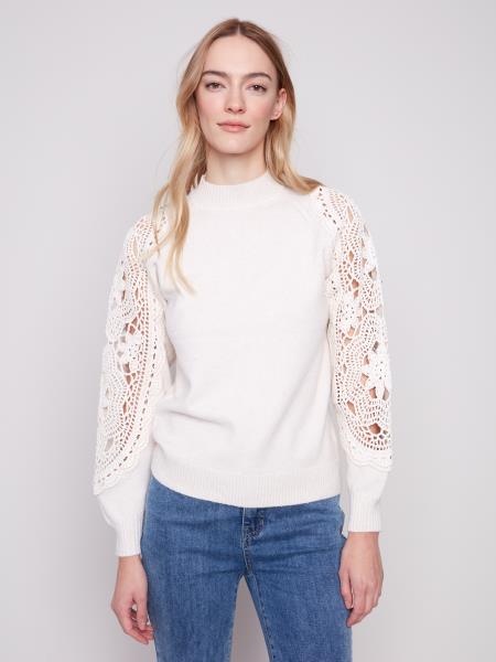 Charlie B Mock Neck Sweater With Crochet Sleeves