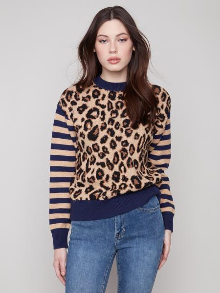 Charlie B Crew Neck Sweater With Striped Sleeve And Jacquard Body