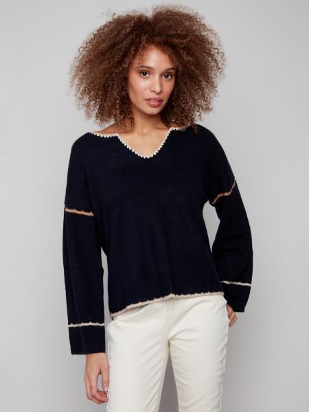 Charlie B Notched Neck Rib Embroidered Sweater