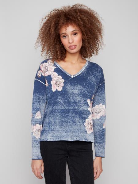 Charlie B Reverse Print with Print V-Neck Sweater