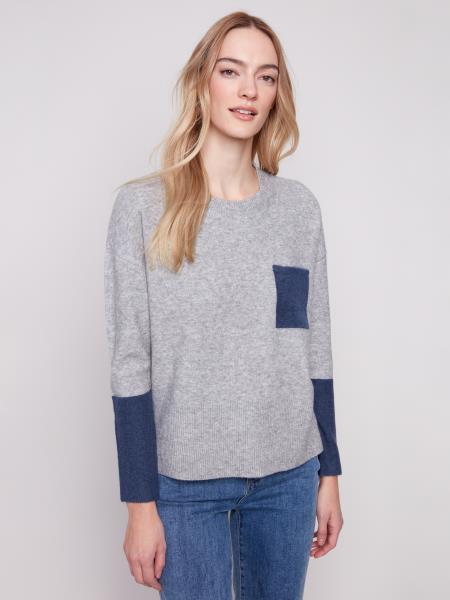 Charlie B Crew Neck Block Sweater With Contrast Chest Pocket