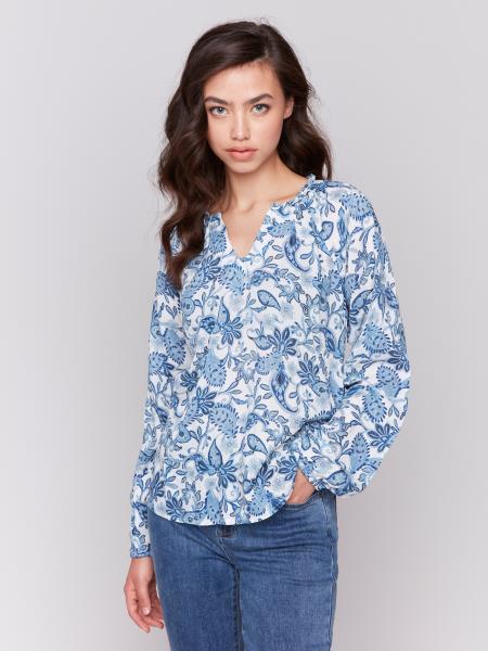 Charlie B Printed Raglan Long Sleeve Popover Blouse