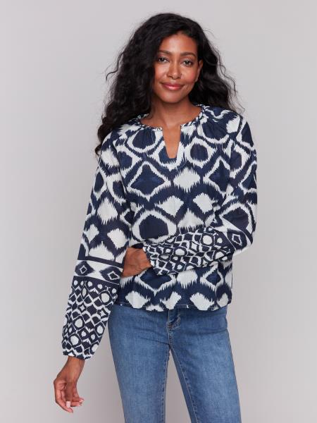 Charlie B Printed Raglan Long Sleeve Popover Blouse
