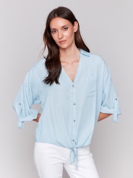 Charlie B Tencel Button-Front Blouse with Front Tie