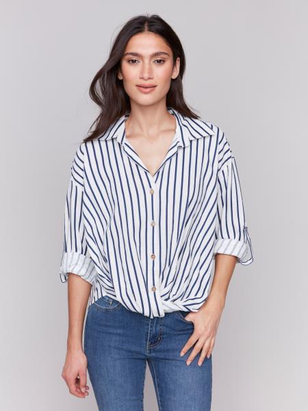 Charlie B Striped Linen Blend Shirt with Front Twist