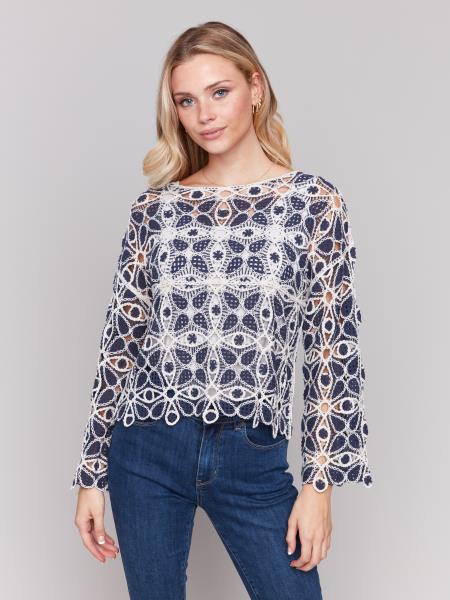 Charlie B Crochet Long Sleeve Boat Neck Top