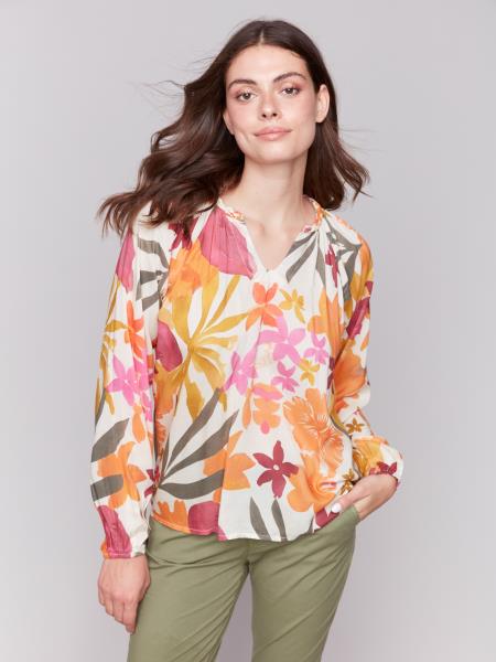 Charlie B Printed Raglan Long Sleeve Popover Blouse