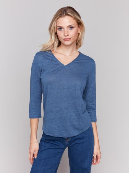 Charlie B 3/4 Sleeve V-Neck Top with Trim