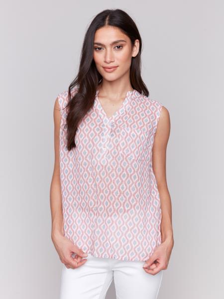 Charlie B Printed Sleeveless High Low Hem Shirt with Chest Pocket