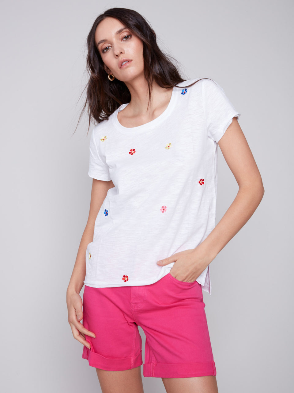 Charlie B Embroidered Short Sleeve Round Neck Cotton Slub Tee