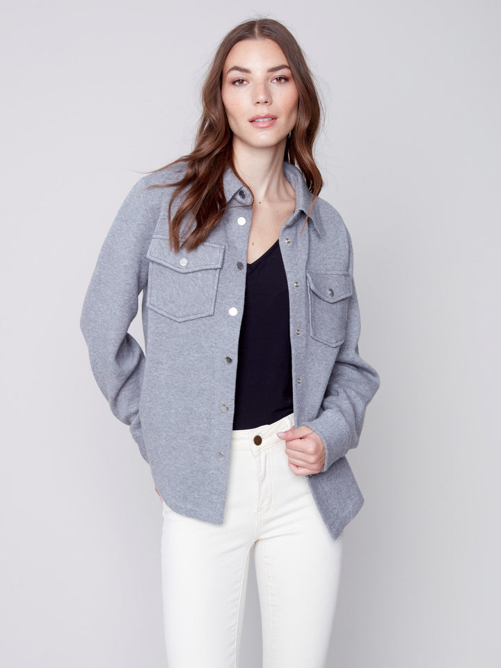 Charlie B Knit Shirt-Jacket with Front Patch-Pockets