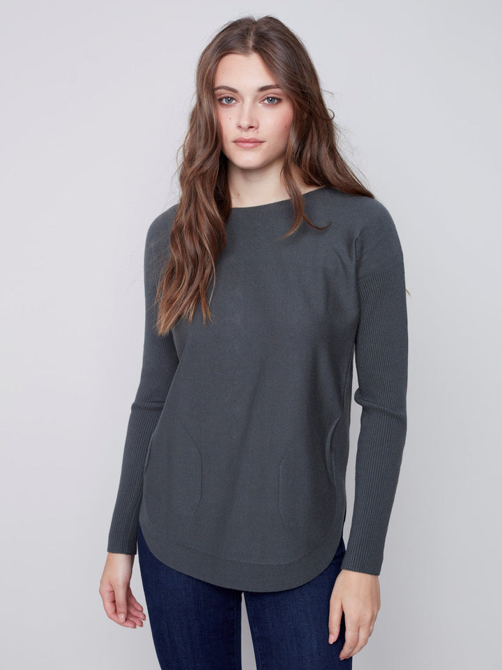 Charlie B Long Sleeve Sweater with Back Eyelet Detail