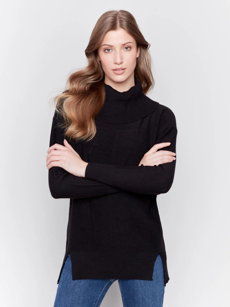 Charlie B Long Cowl Neck Sweater with Side Seams
