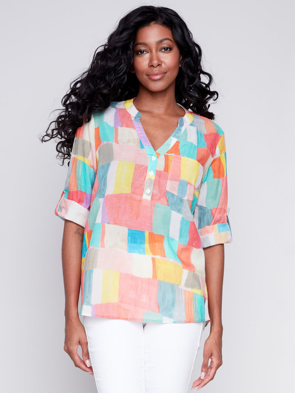 Charlie B Digital Printed Rayon Roll Up Sleeve Blouse