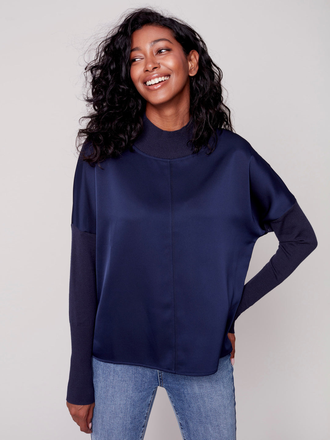 Charlie B Satin Top With Knit Combo Mock-Neck And Sleeves