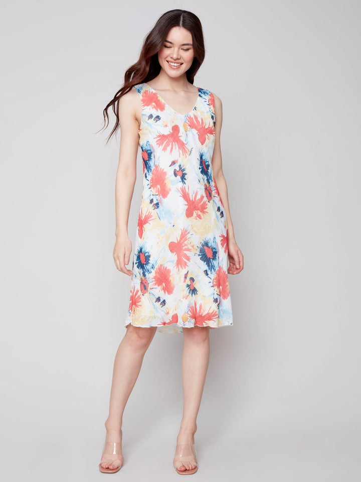 Charlie B Printed Sleeveless V Neck Flare Cotton Dress