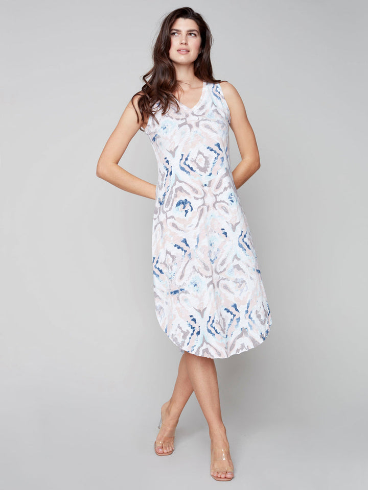 Charlie B Printed Sleeveless V Neck With Shirtail Hem Dress