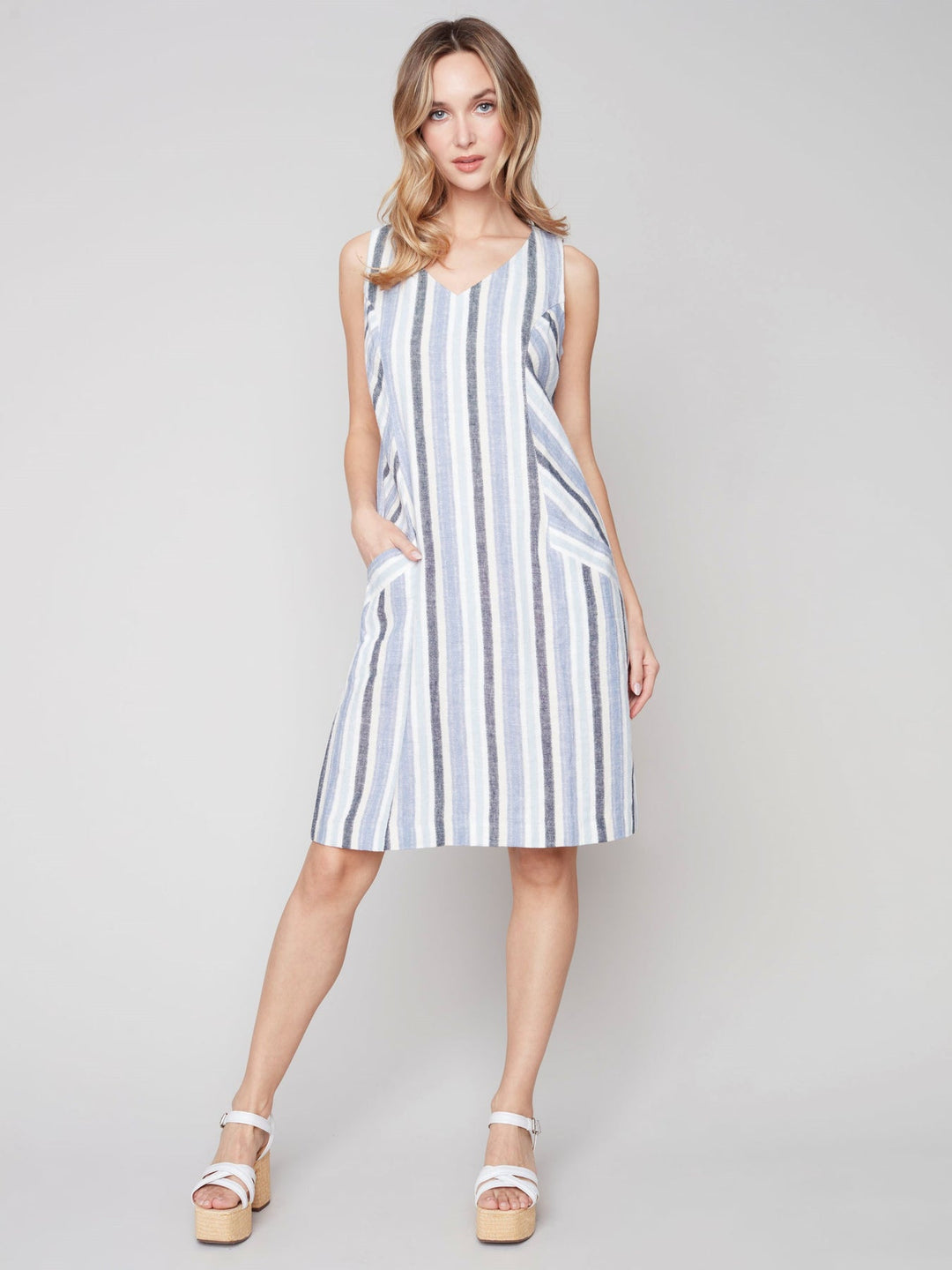Charlie B Striped Sleeveless V Neck Linen Dress