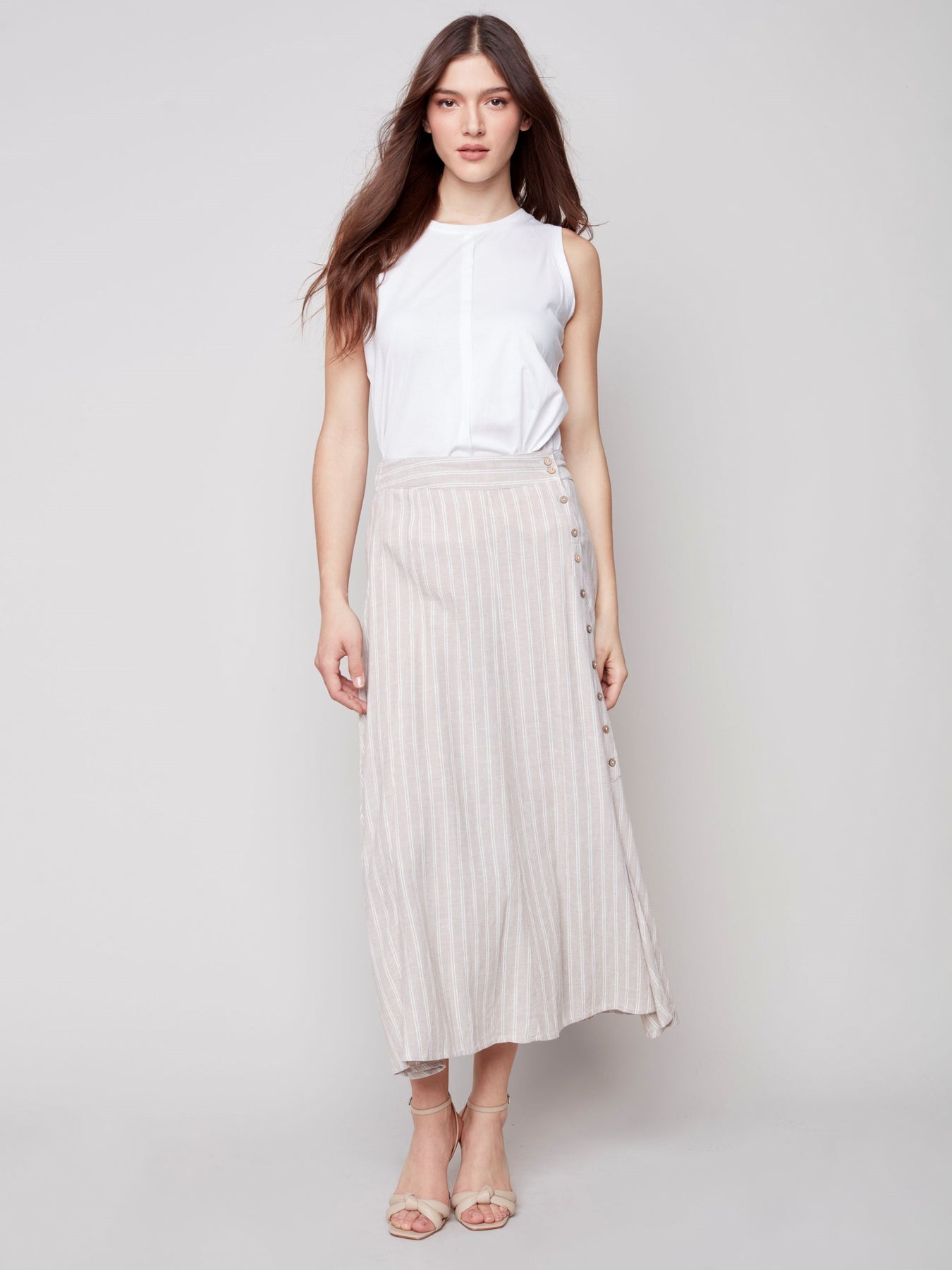 100% Linen Stripe Maxi Skirt Abalone Buttons main image 0