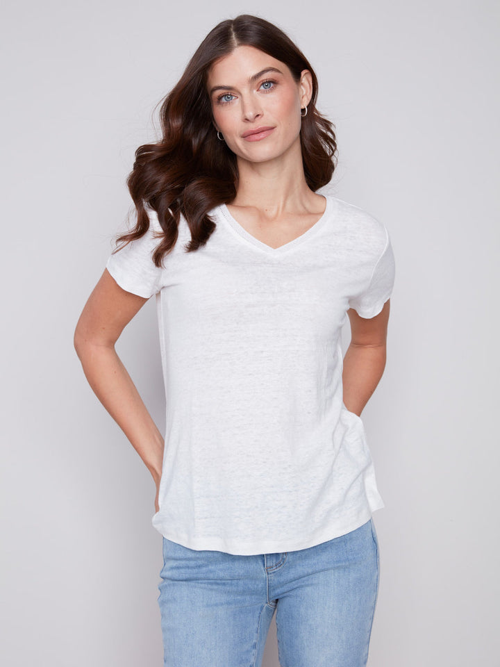 Charlie B Short Sleeve V Neck Linen T Shirt