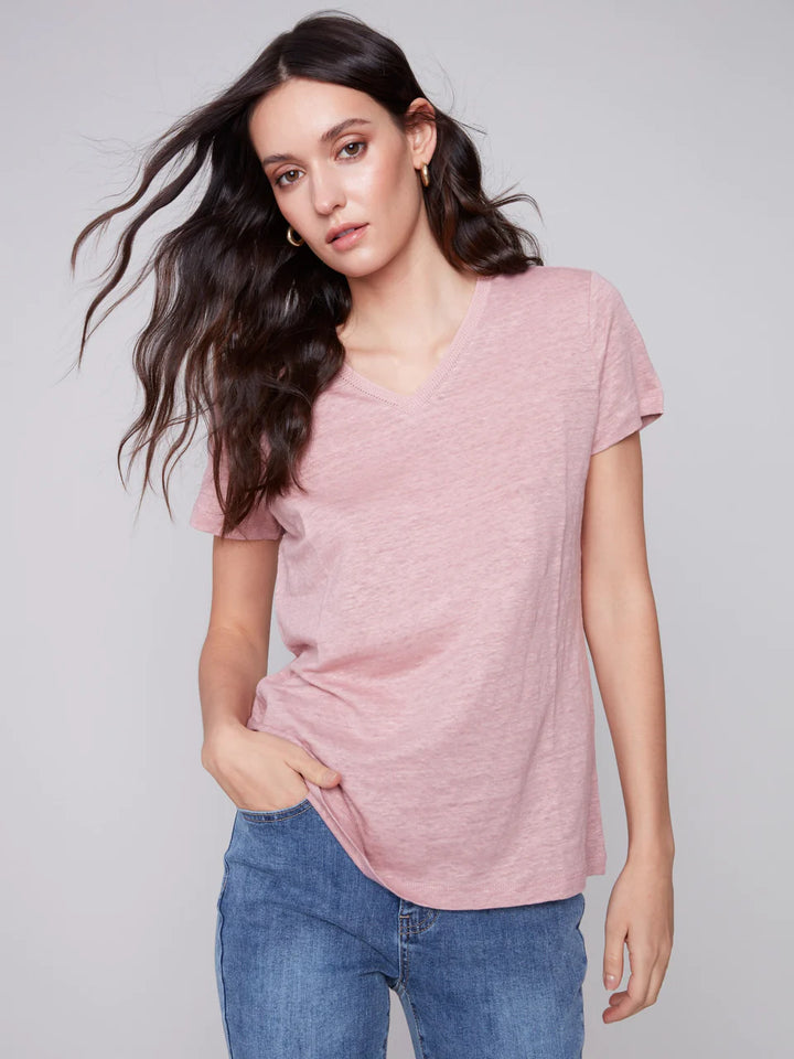 Charlie B Short Sleeve V Neck Linen T Shirt
