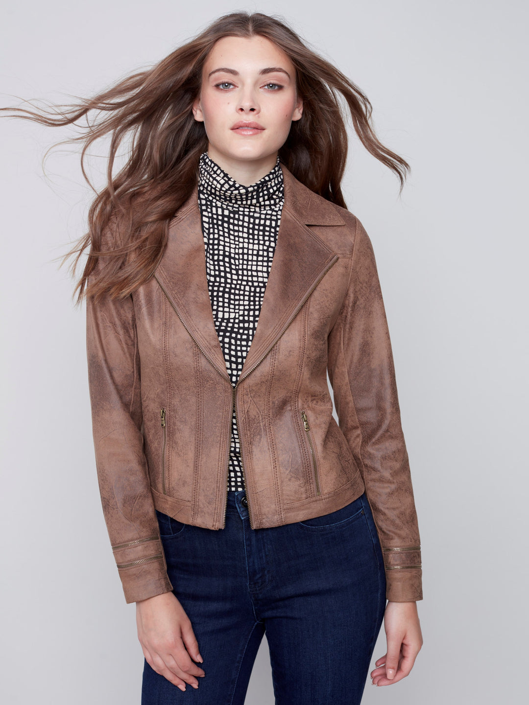 Charlie B Coated Faux Suede Moto Jacket With Zipper Detail Cuffs
