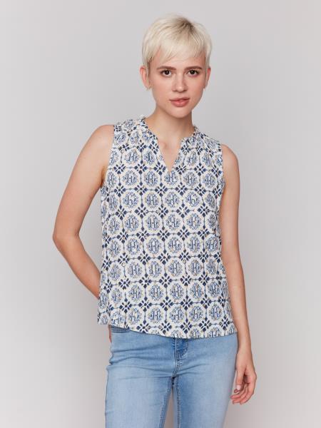 Charlie B Printed Sleeveless Top with Ruffle Collar