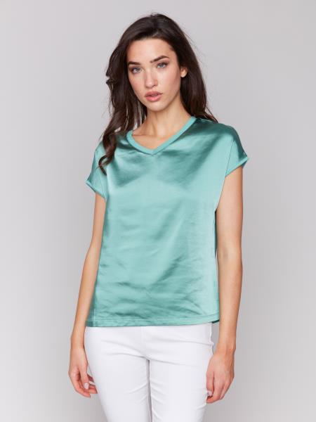 Charlie B Short Sleeve Satin V-Neck Knit Top