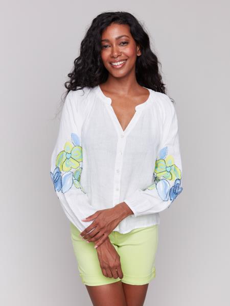 Charlie B Raglan Long Sleeve Blouse with Embroidery
