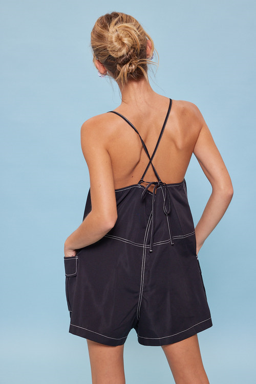 Idem Ditto Open Back Ribbon Tie 3D Pockets Overall Romper