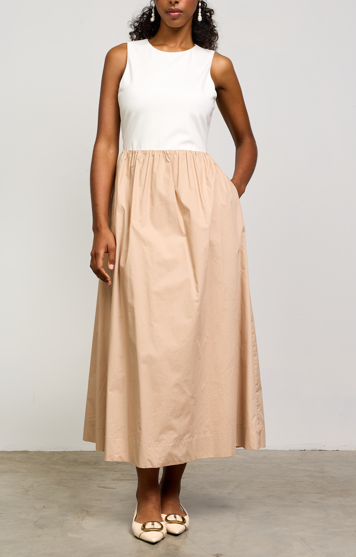 skies are blue midi dress Skies Are Blue Mixed Media Tank Midi Dress Taupe-White / M