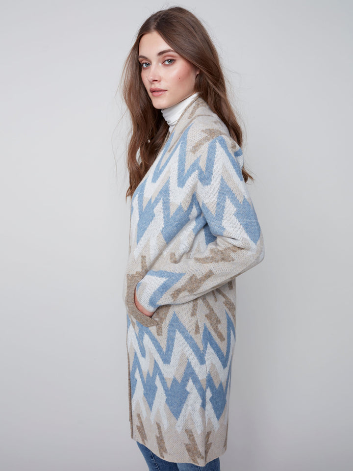 Charlie B Long Cardigan With Geometric Jacquard Pattern & Pockets