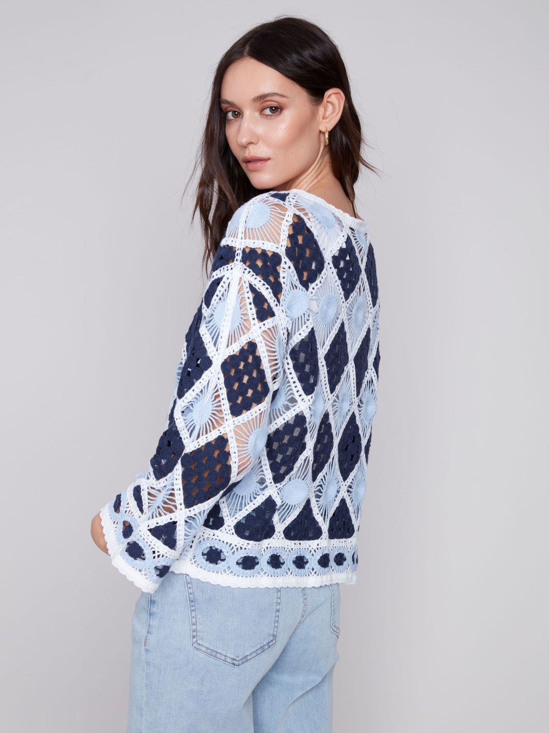 Charlie B Crochet Long Sleeve Boat Neck Top